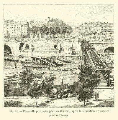 Provisorische Fußgängerbrücke errichtet 1858-59, nach dem Abriss der alten Pont au Change von French School