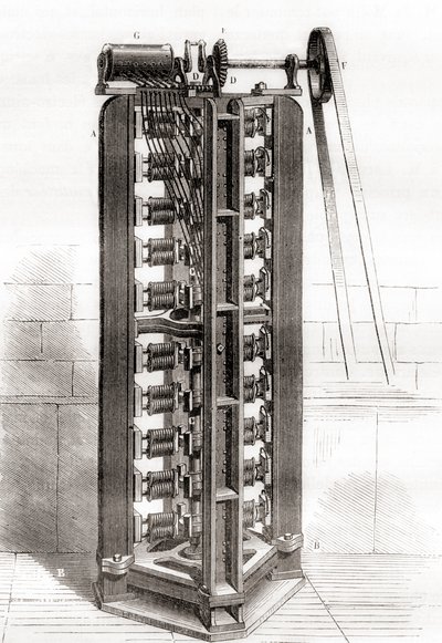 Paul-Gustave Froments vertikaler Elektromotor, ca. 1844, aus Les Merveilles de la Science, veröffentlicht ca. 1870 von French School
