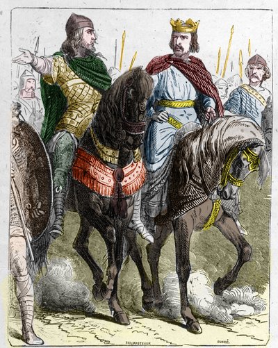 Pippin II. von Herstal, bekannt als Pippin der Dicke oder Pippin der Jüngere (645-714) mit Chlodwig III., König der Franken von 691 bis 695. von French School
