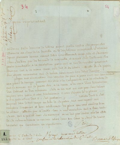Petition von Aldonze Sade um Anstellung, 1794-95 von French School
