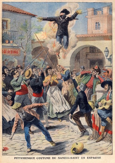 Malerischer Brauch des Karsamstags in Spanien: Die Leute machen eine Weidenpuppe, die in Oriskins (Judas) gekleidet ist, die durch die Straßen getragen, beschimpft, erschossen und verbrannt wird - Illustration aus „Le Petit Journal“ vom 31. März von French School