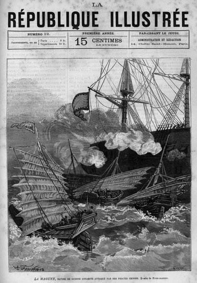 Piraterie: Das annamitische Kriegsschiff „La Magune“ wurde von chinesischen Piraten angegriffen. Eine Zeitung. Gravur von 1880 in „La république illustrée“, private Sammlung. von French School