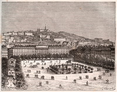 Place Bellecour oder Place Louis-le-Grand - die größte Platz von Lyon - Gravur in „La France illustrée: Geographie, Geschichte, statistische Verwaltung“ von V.A. Malt-Brown. 1884 von French School
