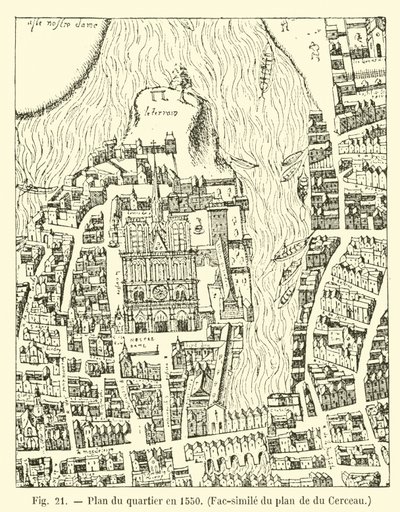 Plan des Viertels im Jahr 1550, Faksimile des Plans von du Cerceau von French School