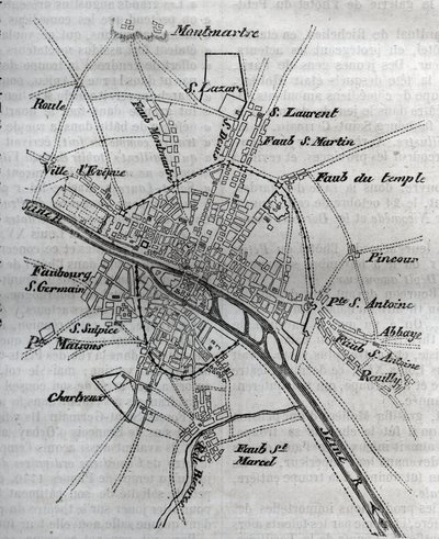 Plan von Paris unter Heinrich III. (1580) Gravur in „Histoire physique, civile et morale de Paris: depuis les premiers temps historiques à nos jours“ von Jacques Antoine Dulaure von French School
