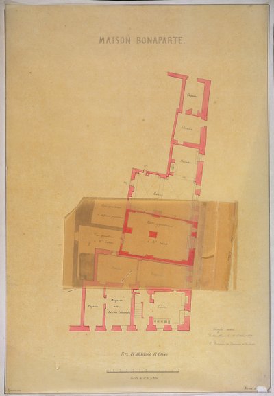 Grundriss und Keller des Hauses in Ajaccio, Korsika, in dem Napoleon Bonaparte geboren wurde, 1837 von French School