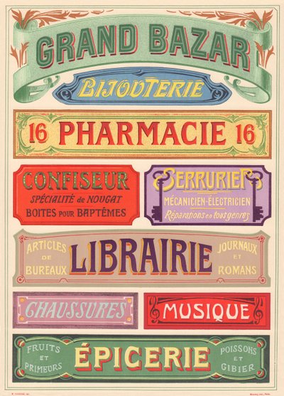 Tafel Nr. 18: Beschilderungsmodelle für Jugendstil-Schildermaler (Großes Kaufhaus, Schmuck, Apotheke, Konditor, Schlosser, Buchhandlung, Schuhe, Musik, Lebensmittelgeschäft) von French School