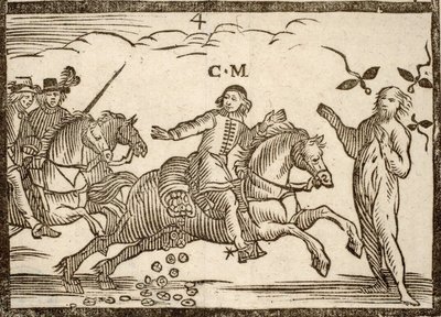 Politische Pamphlete Mazarinade: Mazarin lässt auf seiner Flucht Écus fallen: der Schatten von Concini, Marschall von Ancre, steht vor ihm. Holzschnitt 1651 von French School