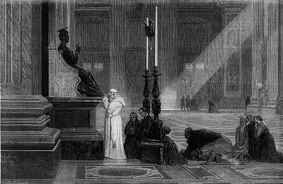 Papst Pius IX. (1792-1878) betet nahe der Statue des Heiligen Petrus in der Basilika St. Peter in Rom. Gravur aus „Rom: Beschreibung und Erinnerungen“ von Francis Wey, 1870er Jahre. von French School