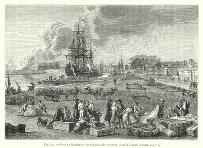 Hafen von Rochefort, Das Kolonialwarenlager; nach Joseph Vernet XVIII. Jahrhundert (Stich) von French School
