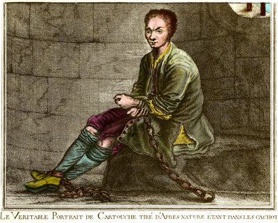 Ganzkörperporträt von Louis Dominique Cartouche (1693-1721), französischer Räuber in seinem Verlies. Gravur des 18. Jahrhunderts. Private Sammlung von French School