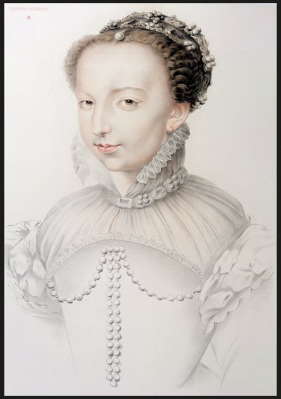 Porträt von Catherine de Medici (1519-89), Faksimile einer Zeichnung aus dem 16. Jahrhundert, erschienen in Porträts der berühmtesten französischen Persönlichkeiten des 16. Jahrhunderts, von P.G. Niel, Paris, 1848 von French School