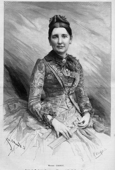 Porträt von Cecile Carnot (geb. Dupont-White oder Dupont White) (1841-1898), Ehefrau von Sadi Carnot, Präsident der Französischen Republik. Gravur in „Le Monde Illustré“ Nr. 1678 vom 25. Mai 1889. von French School