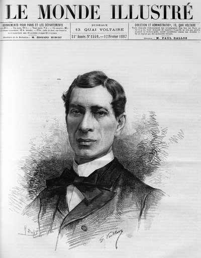 Porträt von Edouard Hervé (1835-1899), Mitglied der Französischen Akademie, gewählt 1886. Er war ein leidenschaftlicher Verteidiger der billigen Presse, die für alle zugänglich ist, in "Die illustrierte Welt" von French School