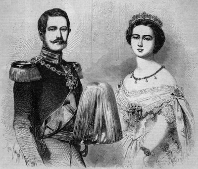 Porträt von Friedrich Wilhelm von Preußen (1831-1888, zukünftiger Friedrich III., König von Preußen und Deutscher Kaiser) und seiner Verlobten, Prinzessin Victoria von England (1840-1901). Gravur in „Le Monde Illustré“ Nr. 41 vom 23. Januar 1858. von French School