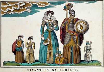Porträt von Gayant, einem Riesen, der die Stadt Douai symbolisiert, dargestellt mit seiner Familie: seiner Frau Marie Cagenon und seinen drei Kindern Jacquot, Fillon und Binbin. Gravur aus dem 18. Jahrhundert, Bild von Belfort. Ferrand Sammlung von French School