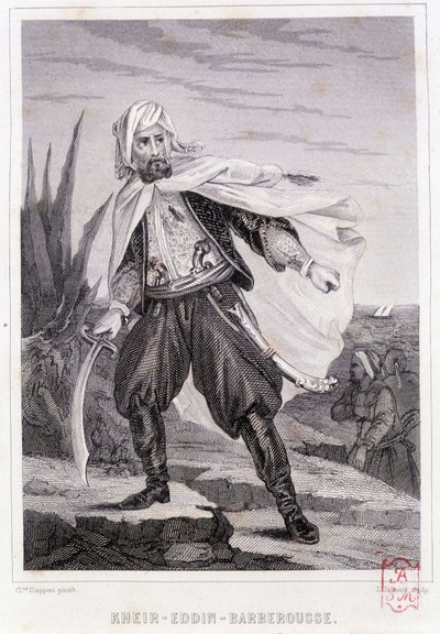 Porträt von Kheir-Eddin-Barbarossa, türkischer Pirat des 16. Jahrhunderts - aus „Histoire des pirates et corsaires de l