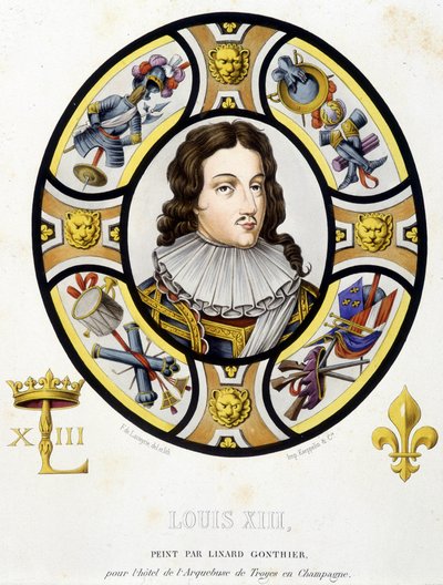 Porträt von Ludwig XIII., König von Frankreich (1601-1643). Facsimile eines Glasfensters aus dem Mittelalter in „Histoire de la peinture sur verre“ von Ferdinand de Lasteyrie von French School