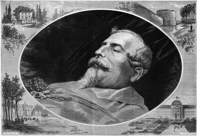 Porträt von Napoleon III. (1808-1873) auf seinem Sterbebett. Gravur in "Le Monde Illustré" Nr. 824 vom 25. Januar von French School