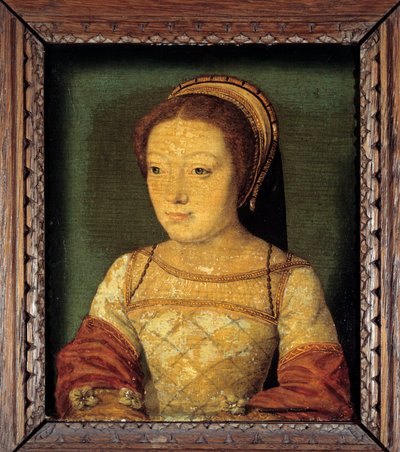 Porträt von Renée von Frankreich, Tochter von Ludwig XII., Herzogin von Ferrara (1510 - 1575). Öl auf Holz, anonymes Gemälde. Französische Schule des 16. Jahrhunderts von French School