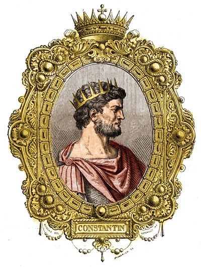 Porträt des römischen Kaisers Konstantin I. der Große (274-337). Stich in „Histoire des papes-rois-reines-et-empereurs à travers les siècles“ von Maurice Lachatre von French School
