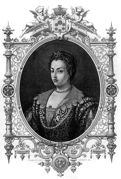 Porträt der Venezianerin Bianca Cappello (1548 - 1587), Ehefrau von Francois de Medicis (Francesco de Medici). Gravur von 1862 in „Die Königinnen der Welt“ von unseren ersten Schriftstellern. Buch unter der Leitung von J. G. D. ARMENGAUD. von French School
