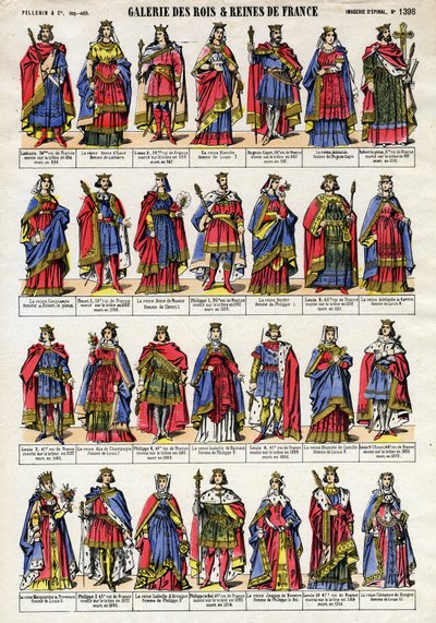 Porträt der Könige und Königinnen von Frankreich aus der Kapetingischen Dynastie von Lothaire bis Ludwig X. Epinal-Bildgebung Ende des 19. Jahrhunderts. Private Sammlung. von French School
