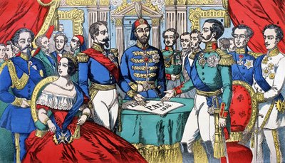 Porträt der Herrscher Europas während des Friedensvertrags 1856: von links nach rechts, Victor Emmanuel II (Victor Emmanuel) (Vittorio Emanuele), König von Sardinien, Victoria, Königin von England, Napoleon III., Türkischer Kaiser, Alexander II., König von von French School