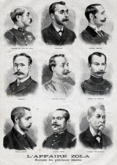 Porträts der Hauptzeugen in der Dreyfus-Zola-Affäre in „Le Petit Journal“, 27. Februar von French School
