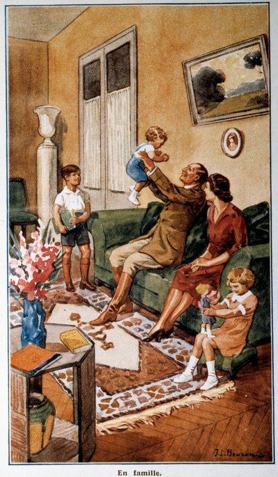 Post- und Telekommunikationskalender, der eine Familienszene darstellt, 20. Jahrhundert von French School