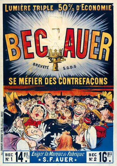 Plakat, das Becauer-Petroleumlampen bewirbt, gedruckt von Charles Verneau, 1890 von French School