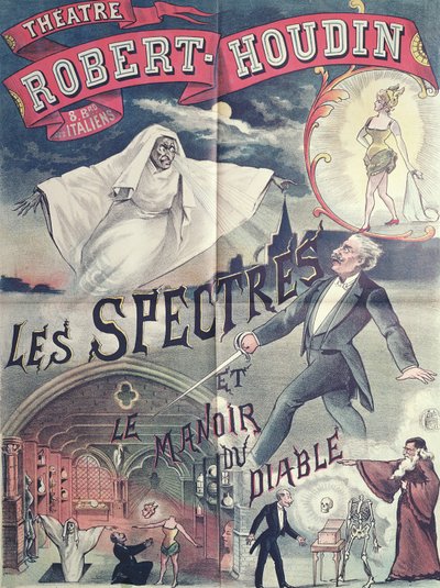 Plakat, das Geister und das Haus des Teufels im Théâtre Robert-Houdin, Paris, ca. 1870 bewirbt von French School