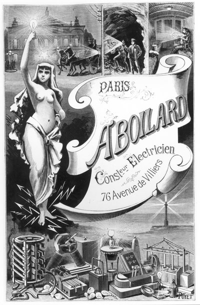 Plakat, das die Elektrizitätsfee und die verschiedenen Anwendungen der Elektrizität bewirbt, spätes 19. Jahrhundert von French School