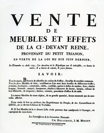 Plakat, das den Verkauf von Marie-Antoinettes Möbeln und Effekten am 25. August ankündigt von French School