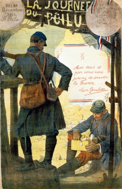 Plakat für „La journée du poilu - 25 et 26 décembre 1915“ mit dem Zitat von Léon Gambetta „Mit euch und durch euch schwören wir, Frankreich zu retten“. (ein Haariger öffnet die Schachtel, die er von seiner Familie erhalten hat). von French School