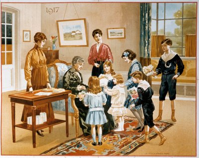 Geschenke überreichen, eine ältere Frau gibt Geschenke an die Kinder eines Internats von French School