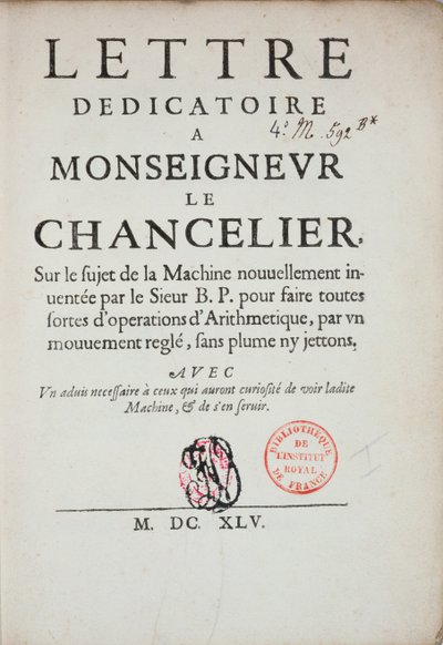 Gedruckter Widmungsbrief über die Erfindung der Rechenmaschine von Blaise Pascal (1623-62) 1645 von French School