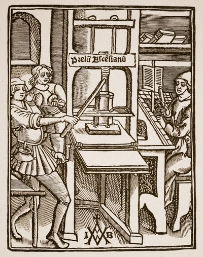 Druckerpresse, Titelseite von Hegesippus, gedruckt von Jodocus Badius Ascensius, Paris, 1511 (Sepia-Foto) von French School
