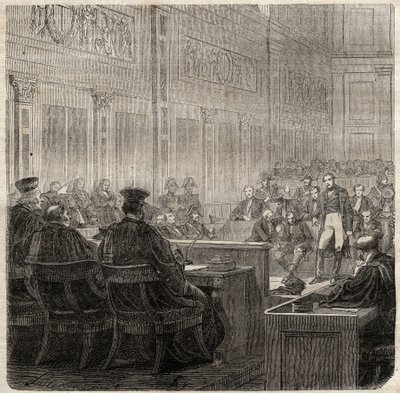 Prozess vor dem Königlichen Gerichtshof von Poitiers gegen General Jean Baptiste Breton (Jean-Baptiste) genannt Berton (1769-1822) im Jahr 1822 von French School
