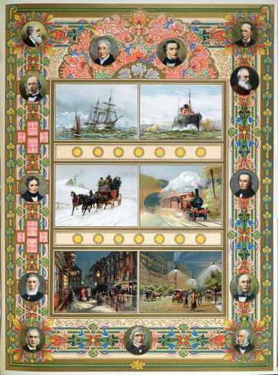 Fortschritt während der Regierungszeit von Königin Victoria (1819-1901). Segelschiffe, Dampfschiffe, Dampflokomotive und Gas- und elektrische Straßenbeleuchtung, 1887 von French School