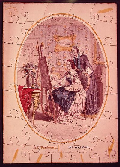 Puzzleteile, die eine Frau beim Malen an einer Staffelei darstellen, ca. 1840-50 von French School
