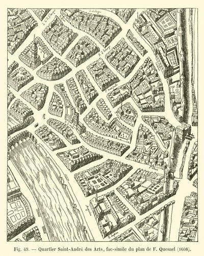 Viertel Saint-Andre des Arts, Faksimile des Plans von F. Quesnel, 1608 von French School