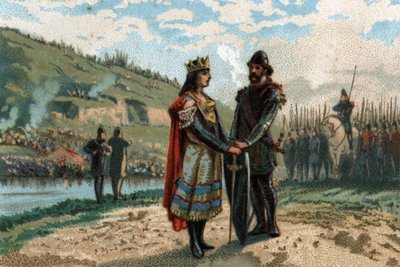 Rainfroy (Rainfroi), Bürgermeister des Palastes von Neustrien, verbündet sich mit den Friesen und Sachsen, um gegen Austrasien zu kämpfen. Chromolithographie um 1890 von French School