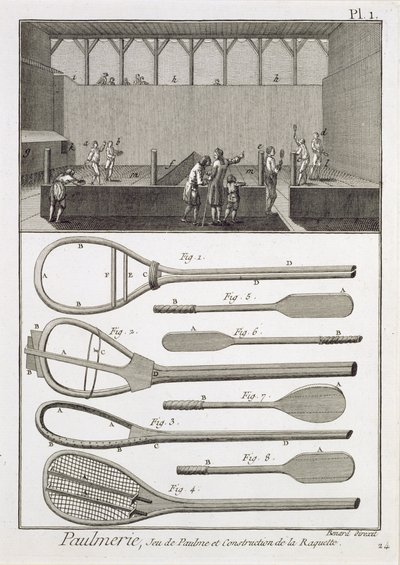 Real Tennis und der Bau von Schlägern, aus der Enzyklopädie von Denis Diderot, graviert von Robert Benard, veröffentlicht ca. 1770 von French School