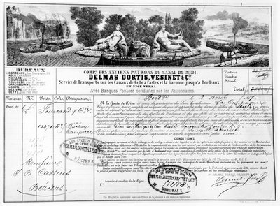 Quittung der Compagnie du Canal du Midi für den Warentransport von Bordeaux nach Béziers, 1857 von French School