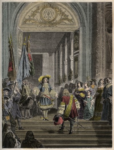 Empfang des Grand Conde in Versailles durch Ludwig XIV. - Treppe der Botschafter - Empfang des Grand Conde (Louis II. von Bourbon Conde) durch den König von Frankreich Ludwig XIV. in Versailles im Jahr 1674. Gravur in „PATRIE“ - DESCRIPTION PICTURERIQUE von French School