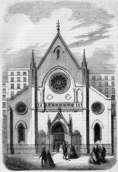 Religiöse Architektur: Ansicht der Fassade des Tempels für Amerikaner in Paris, Rue de Berry, im Jahr 1857. Gebäude erbaut von Architekt Mr. Salmon. Gravur in „Le Monde Illustré“ Nr. 33 vom 28. November 1857. von French School