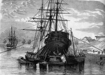 Reparatur eines Schiffes (des Dampfers „Vera Cruz“): Wir heben das Heck an, um die Schraube freizulegen. 1863. Gravur in „Le Monde Illustré“ Nr. 320 vom 30. Mai 1863 von French School