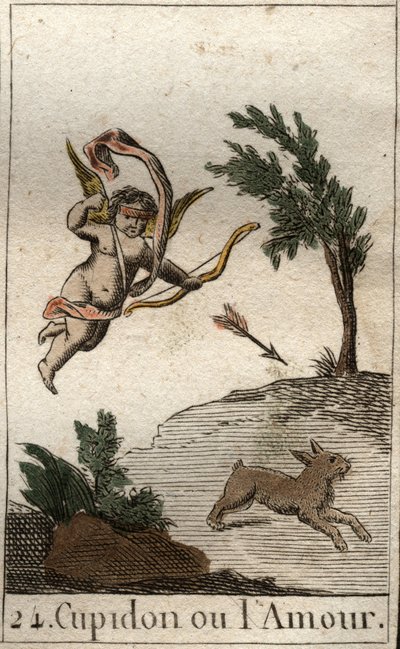 Darstellung von Amor, Diener der Venus, als Kind mit verbundenen Augen, der einen Pfeil zieht. Aus „Mythologie der Jugend“ von Pierre Blanchard 1803. von French School