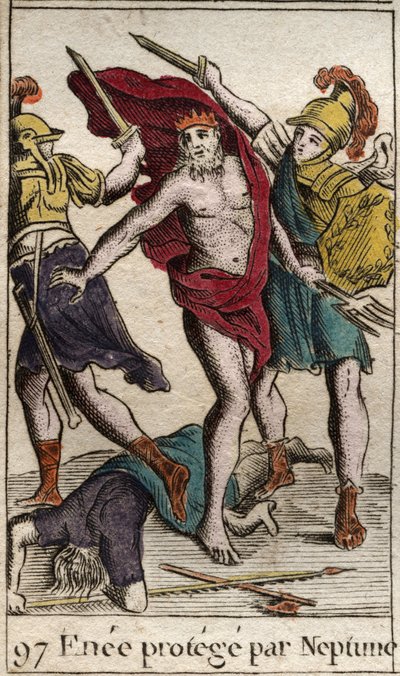 Darstellung von Aeneas, der von Neptun geschützt wird und sich vom Kampf gegen Achilles zurückzieht. Aus „Mythologie der Jugend“ von Pierre Blanchard 1803. von French School